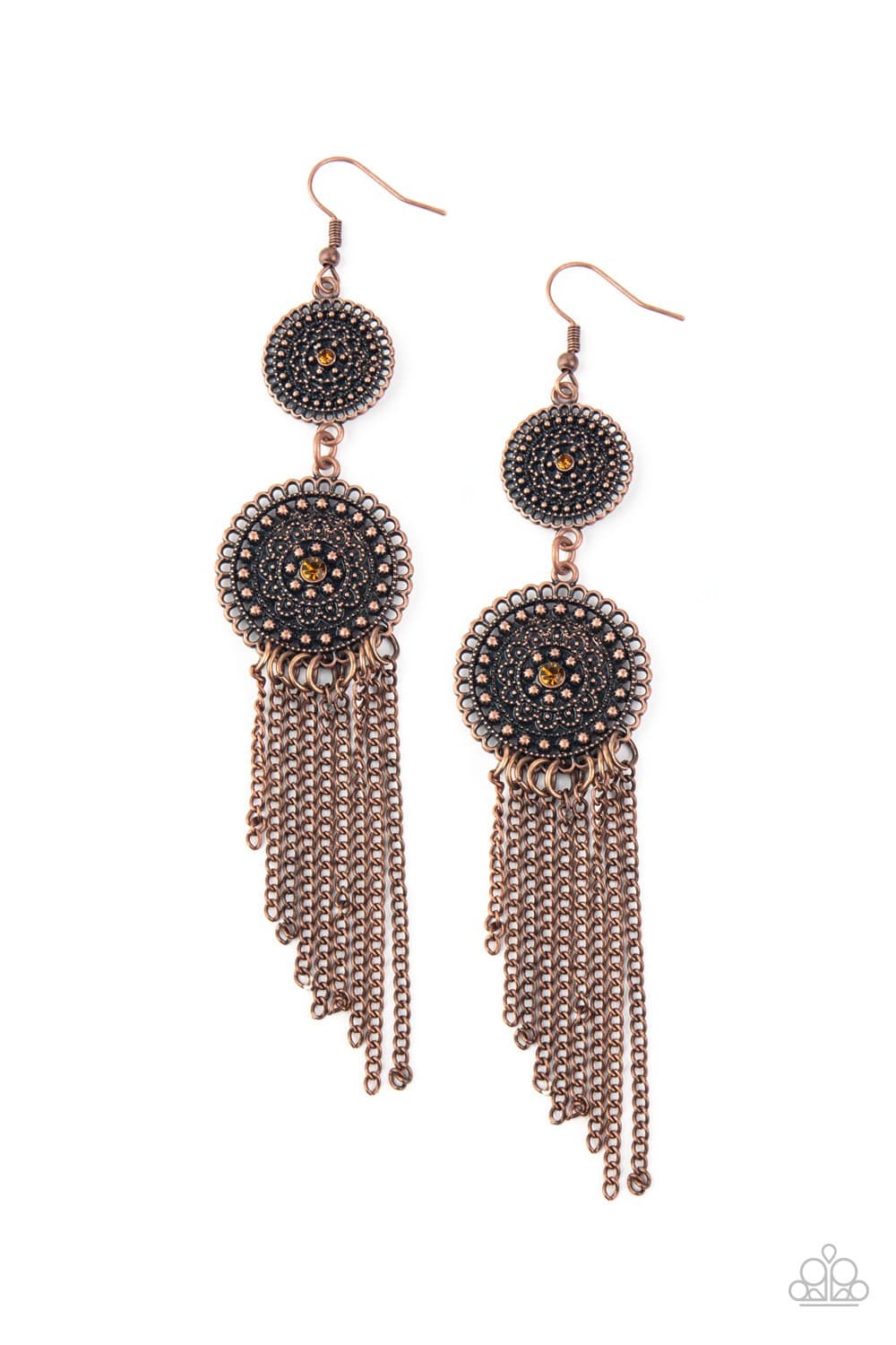 Medallion Mecca - Copper Topaz Rhinestone Earrings - Paparazzi Accessories - GlaMarous Titi Jewels