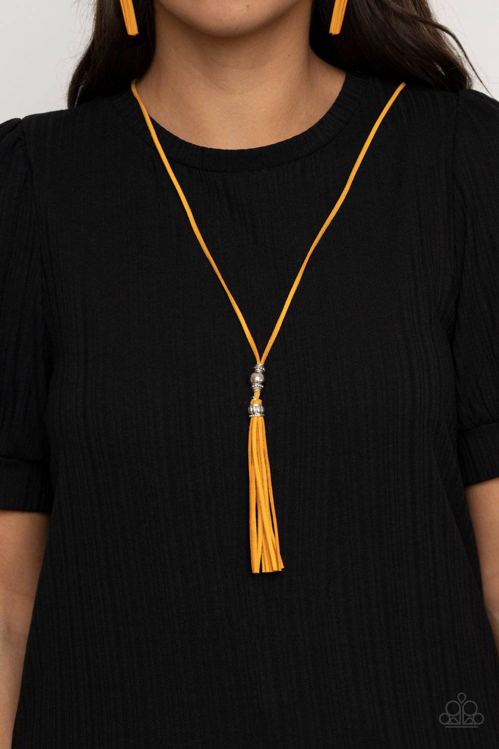 Hold My Tassel - Golden Yellow Suede Tassel Necklace - Paparazzi Accessories - GlaMarous Titi Jewels