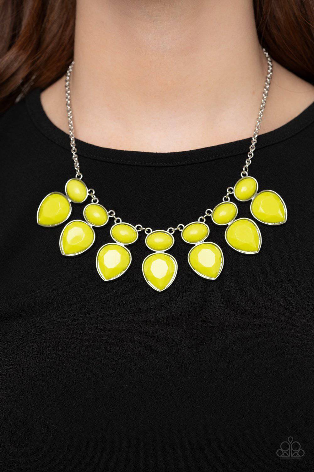 Modern Masquerade - Yellow (Green Sheen) Teardrop Necklace - Paparazzi Accessories - GlaMarous Titi Jewels