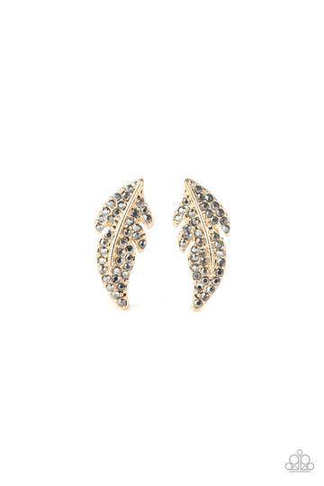 Feathered Fortune - Gold Rhinestone Earrings - Paparazzi Accessories - GlaMarous Titi Jewels