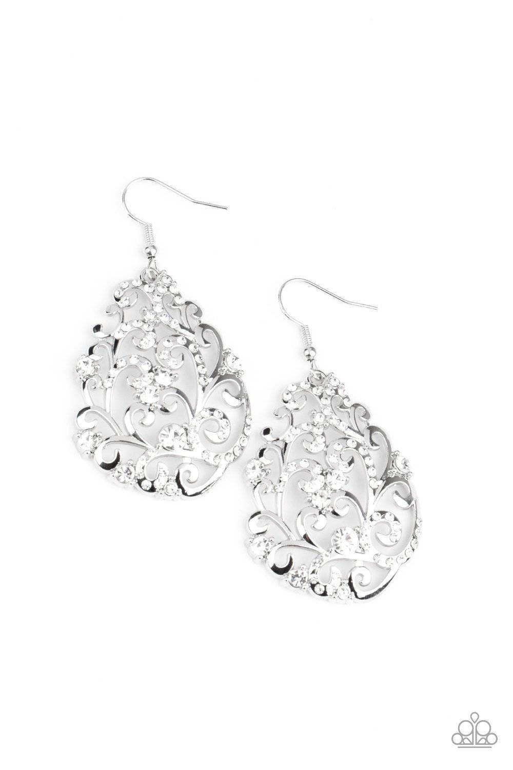 Winter Garden - White Rhinestone Vine-Like Earrings  - Paparazzi Accessories - GlaMarous Titi Jewels