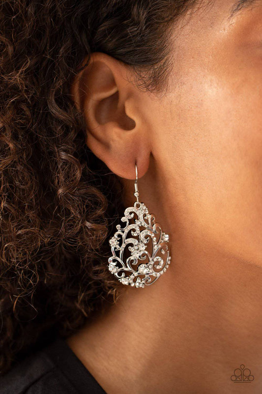 Winter Garden - White Rhinestone Vine-Like Earrings  - Paparazzi Accessories - GlaMarous Titi Jewels