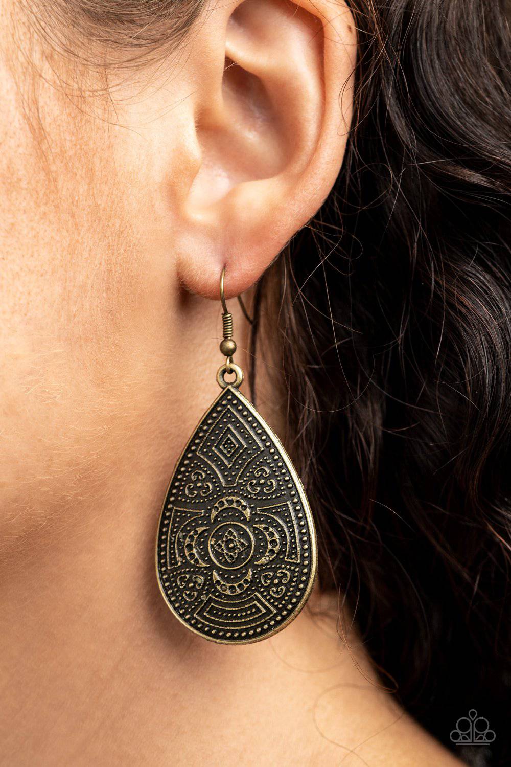 Tribal Takeover - Brass Floral Teardrop Earrings - Paparazzi Accessories - GlaMarous Titi Jewels