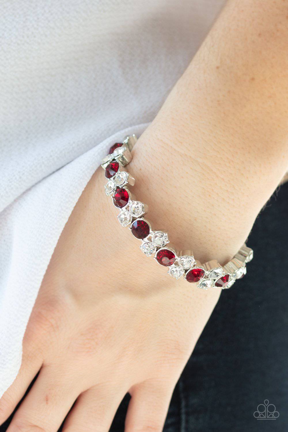 Here Comes The BRIBE - Red and White Rhinestone Stretchy Bracelet - Paparazzi - GlaMarous Titi Jewels