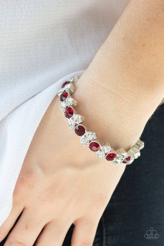 Here Comes The BRIBE - Red and White Rhinestone Stretchy Bracelet - Paparazzi - GlaMarous Titi Jewels