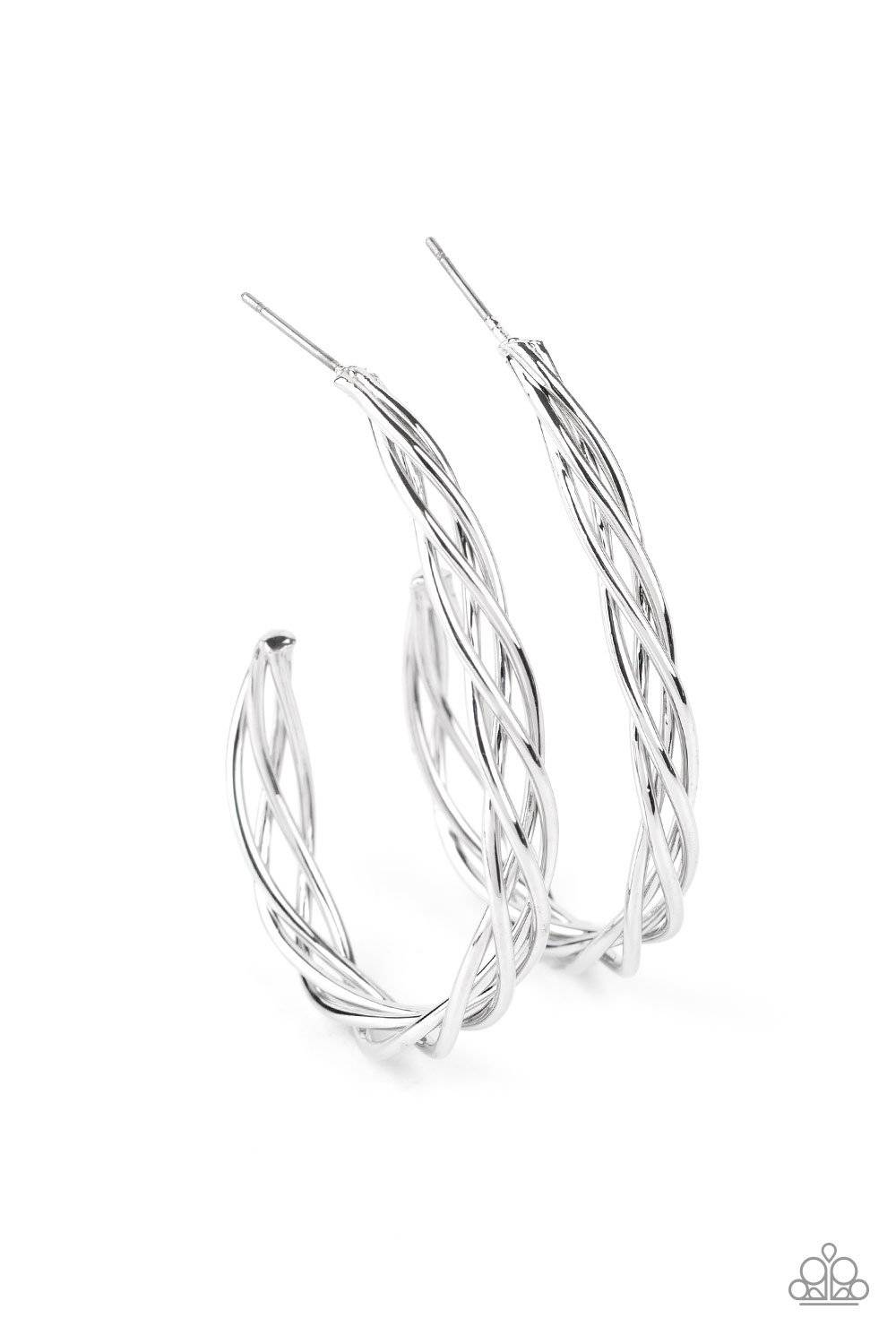 Twisted Tango - Silver Hook Shaped Hoop Earrings - Paparazzi Accessories - GlaMarous Titi Jewels