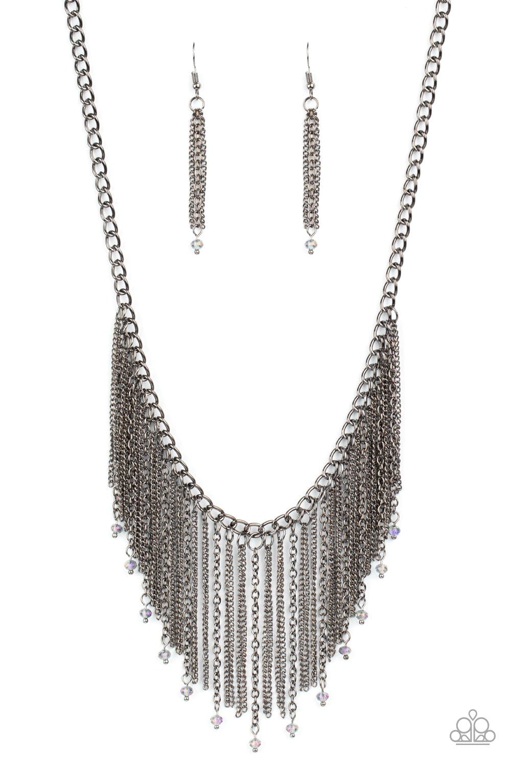 Cue The Fireworks - Oil Spill Shimmery Gunmetal Fringe Necklace - Paparazzi - GlaMarous Titi Jewels