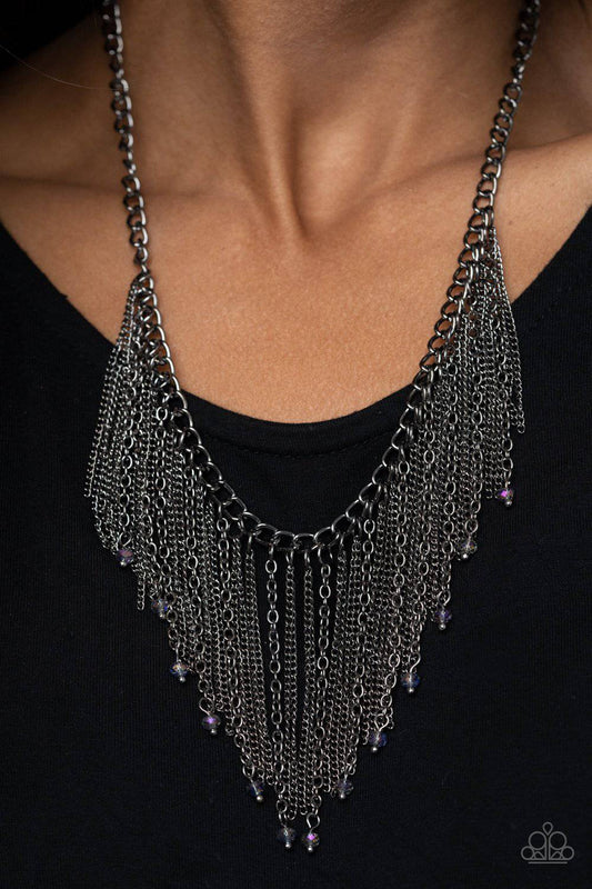 Cue The Fireworks - Oil Spill Shimmery Gunmetal Fringe Necklace - Paparazzi - GlaMarous Titi Jewels