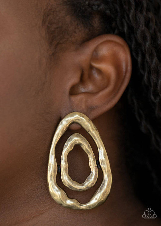 Ancient Ruins - Brass Asymmetrical Teardrop Earrings - Paparazzi Accessories - GlaMarous Titi Jewels