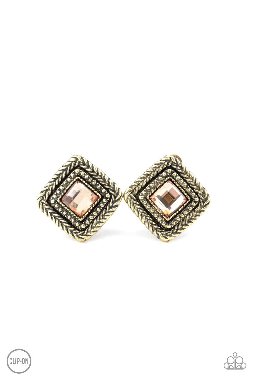 Fashion Square - Brass Topaz Gem Clip-on Earrings - Paparazzi Accessories - GlaMarous Titi Jewels