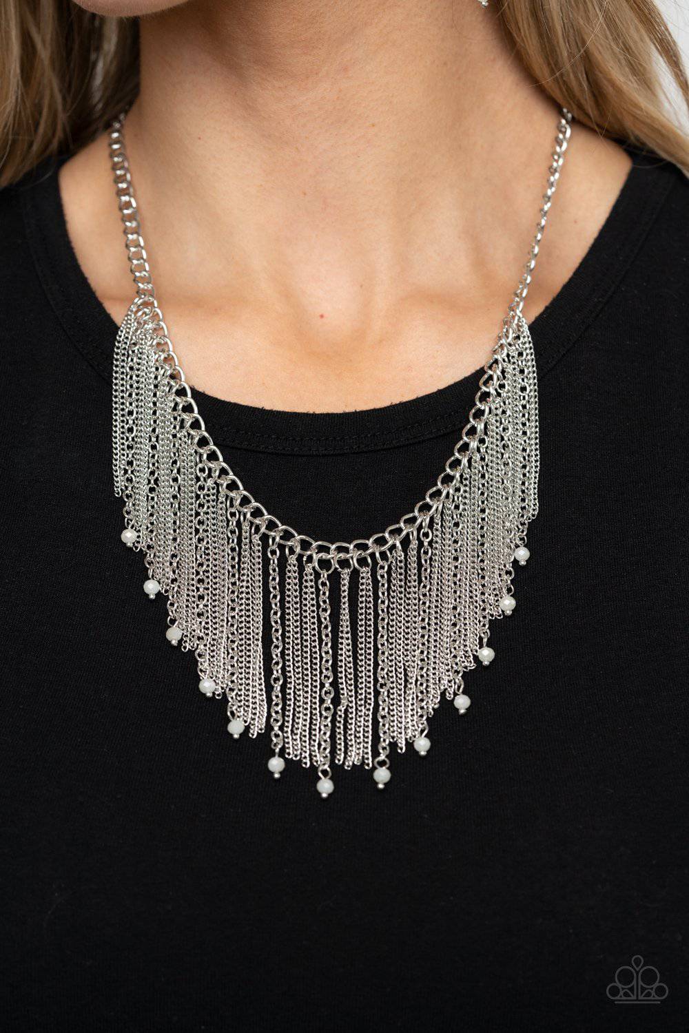 Cue The Fireworks - White Crystal Bead Fringe Necklace - Paparazzi Accessories - GlaMarous Titi Jewels