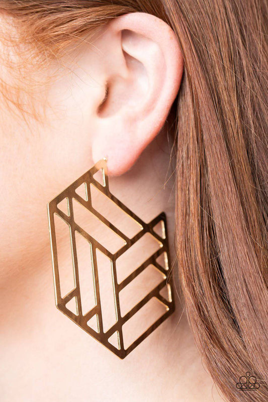 Gotta Get GEO-ing - Gold Edgy Hexagonal Earrings - Paparazzi Accessories - GlaMarous Titi Jewels