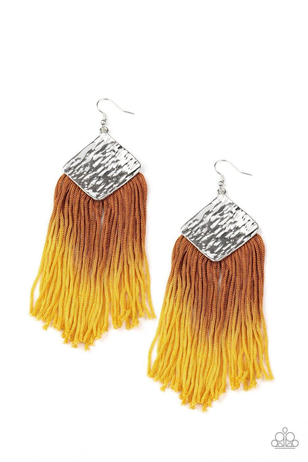 DIP The Scales - Yellow and Brown Fringe Earrings - Paparazzi Accessories - GlaMarous Titi Jewels