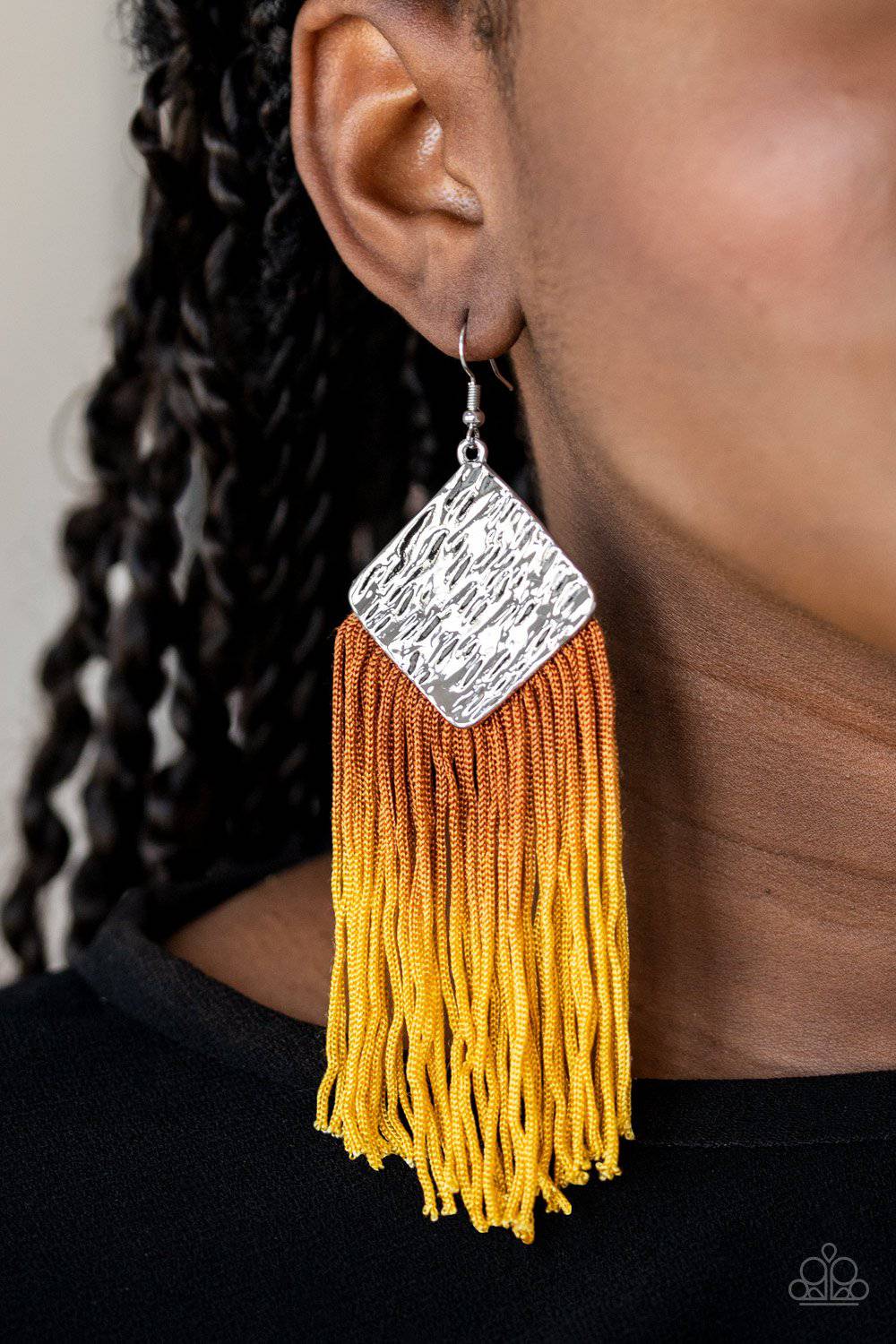 DIP The Scales - Yellow and Brown Fringe Earrings - Paparazzi Accessories - GlaMarous Titi Jewels