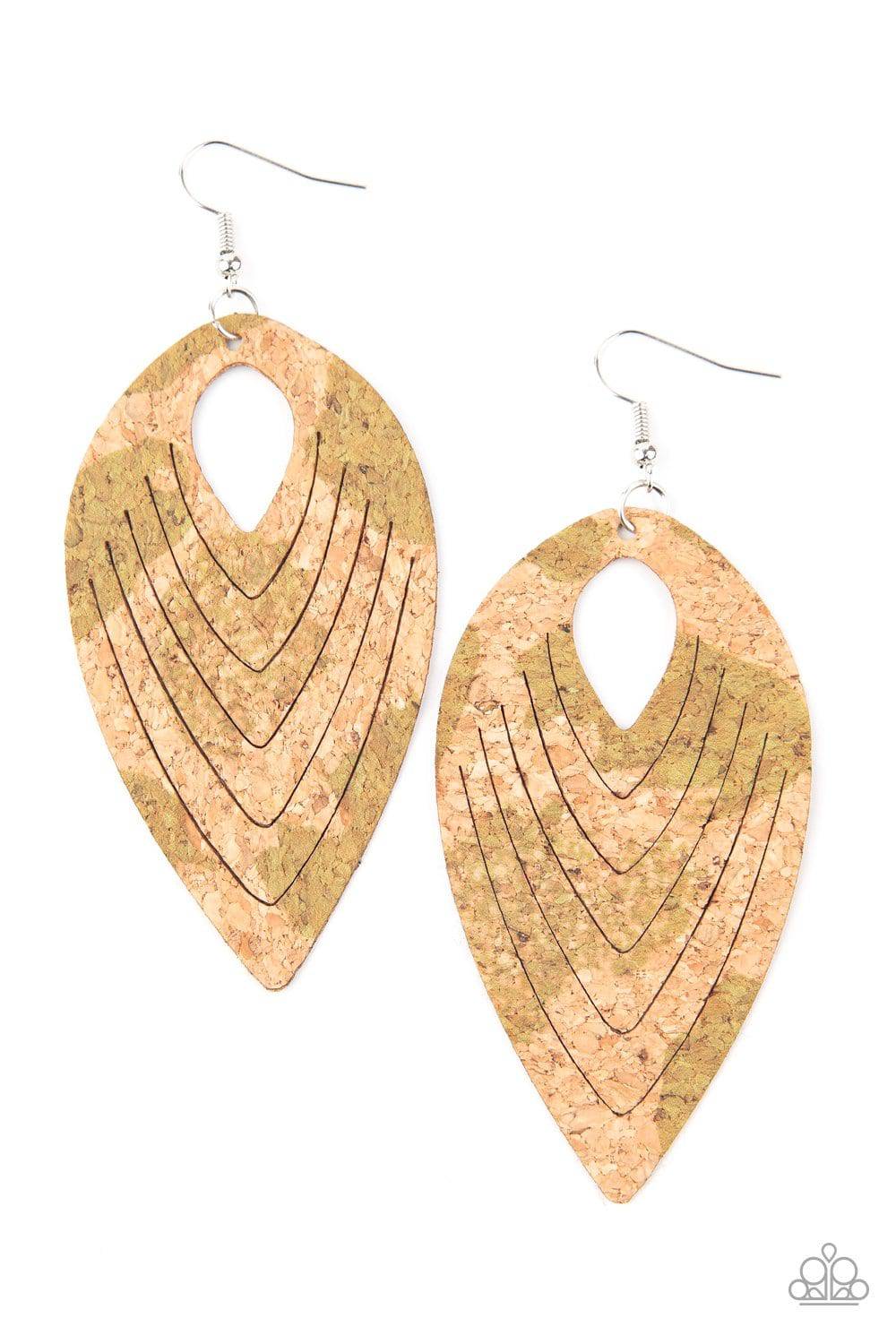 Cork Cabana - Green Cork Teardrop Earrings - Paparazzi Accessories - GlaMarous Titi Jewels