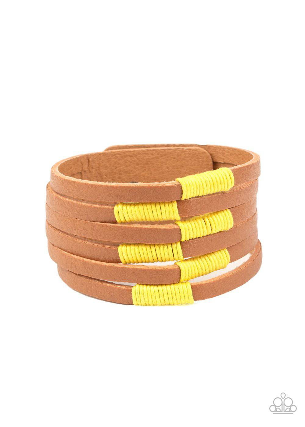 Country Colors - Yellow and Brown Leather Wrap Bracelet- Paparazzi Accessories - GlaMarous Titi Jewels