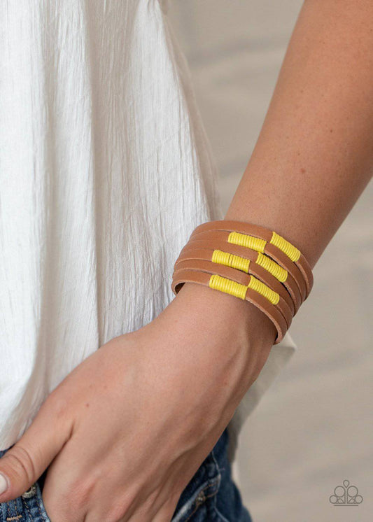 Country Colors - Yellow and Brown Leather Wrap Bracelet- Paparazzi Accessories - GlaMarous Titi Jewels