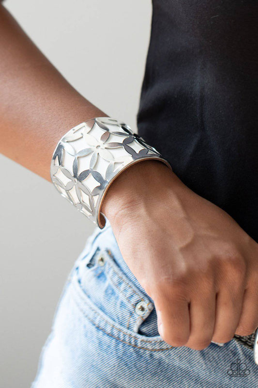 Garden Fiesta - White Stenciled Cuff Bracelet - Paparazzi Accessories - GlaMarous Titi Jewels