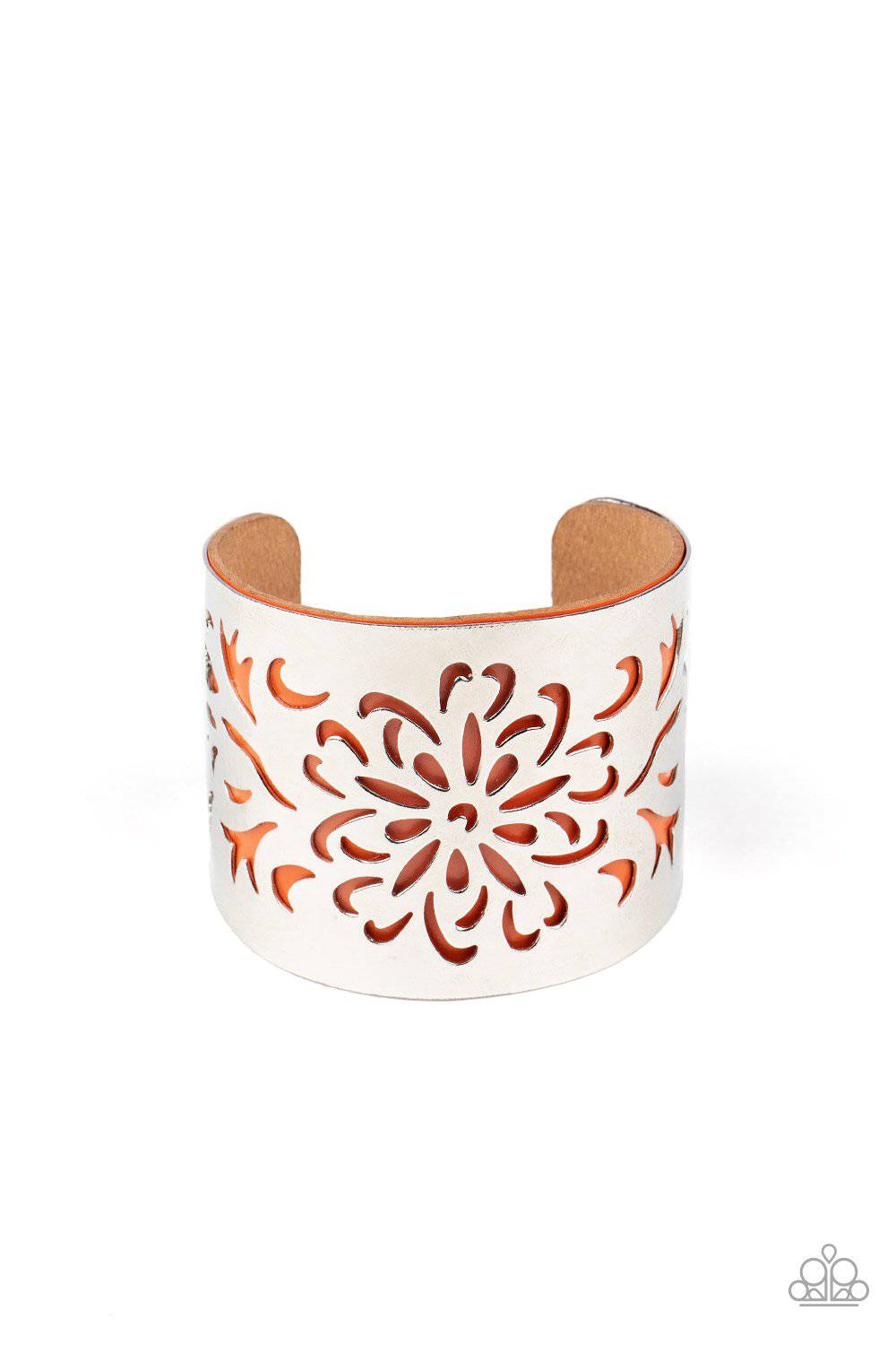 Get Your Bloom On - Orange Leather Floral Cuff Bracelet - Paparazzi Accessories - GlaMarous Titi Jewels