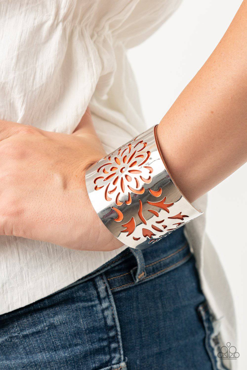 Get Your Bloom On - Orange Leather Floral Cuff Bracelet - Paparazzi Accessories - GlaMarous Titi Jewels