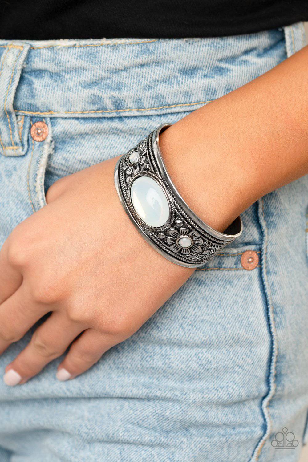 Sage Sanctuary - White Opalescent Bead Cuff Bracelet - Paparazzi Accessories - GlaMarous Titi Jewels