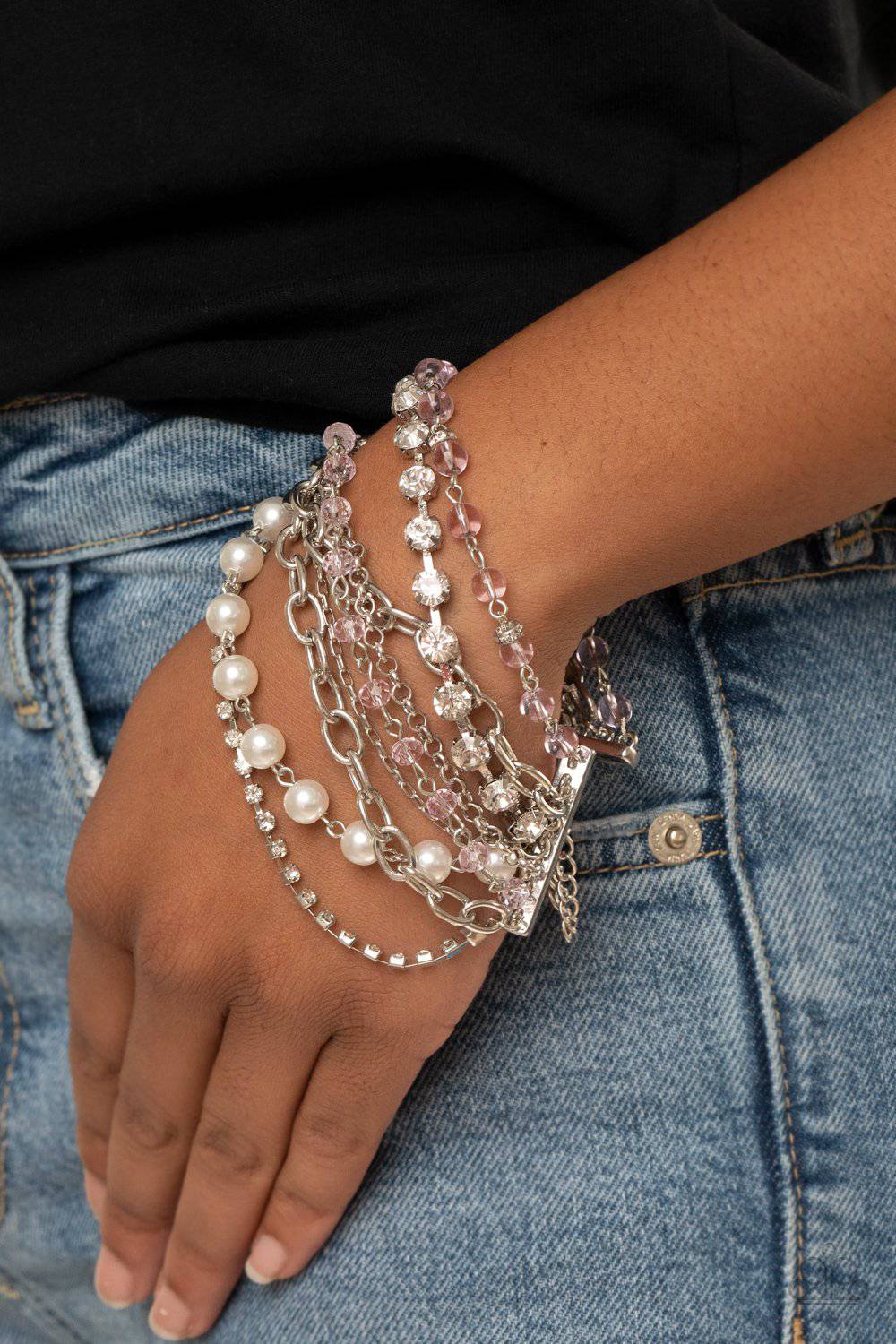 Heiress Hustle - Pink and Glittery White Rhinestone Bracelet - Paparazzi Accessories - GlaMarous Titi Jewels