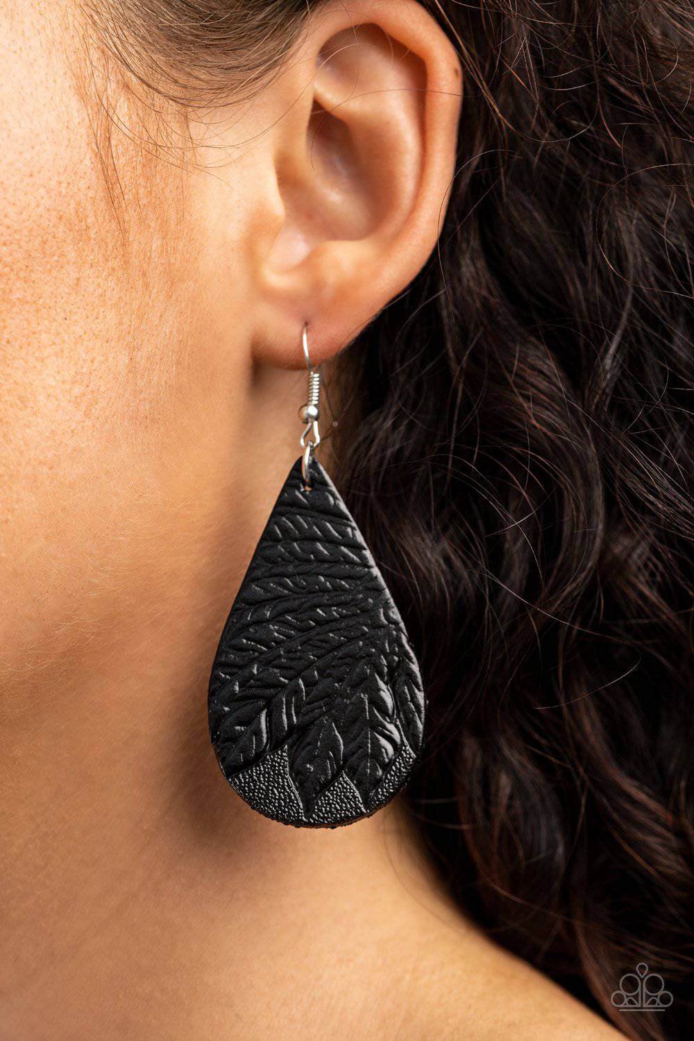 Everyone Remain PALM! - Black Leather Teardrop Earrings - Paparazzi Accessories - GlaMarous Titi Jewels