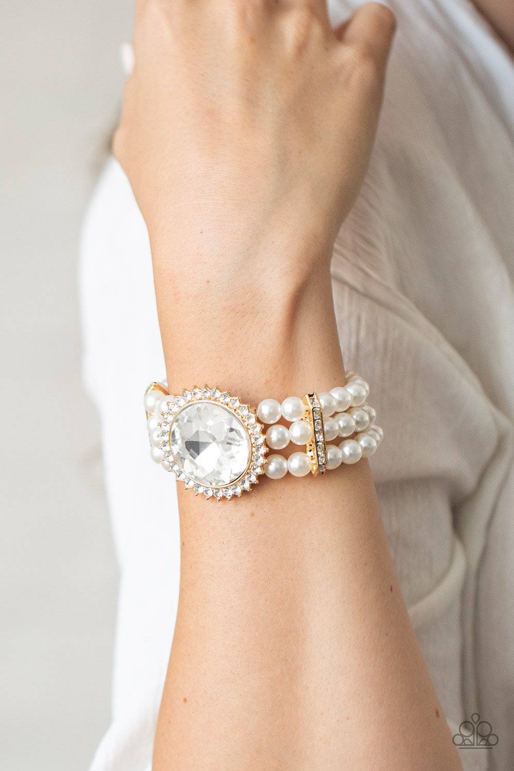 Speechless Sparkle - Gold and White Pearl Stretchy Bracelet - Paparazzi Accessories - GlaMarous Titi Jewels