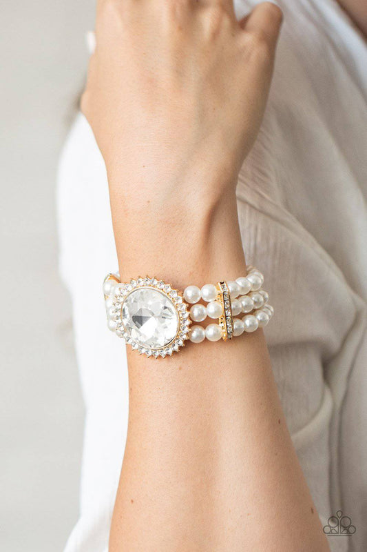 Speechless Sparkle - Gold and White Pearl Stretchy Bracelet - Paparazzi Accessories - GlaMarous Titi Jewels