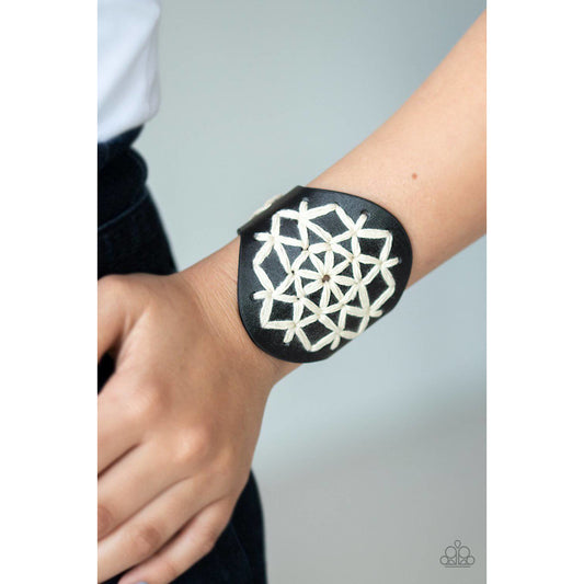 A Cross-Stitch In Time - Black Leather Bracelet - Paparazzi Accessories - GlaMarous Titi Jewels