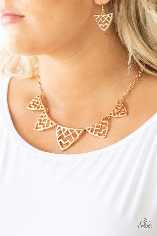 Welcome To The Lions Den - Gold Geometric Fringe Necklace - Paparazzi Accessories - GlaMarous Titi Jewels