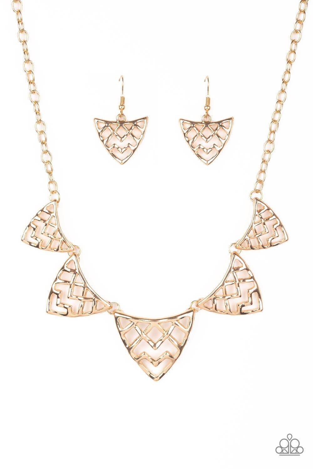Welcome To The Lions Den - Gold Geometric Fringe Necklace - Paparazzi Accessories - GlaMarous Titi Jewels