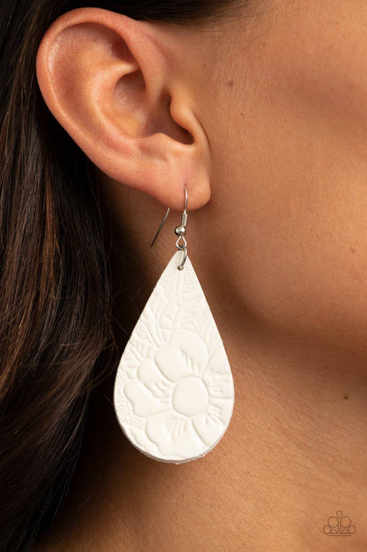 Beach Garden - White Leafy Floral Leather Earrings - Paparazzi Accessories - GlaMarous Titi Jewels