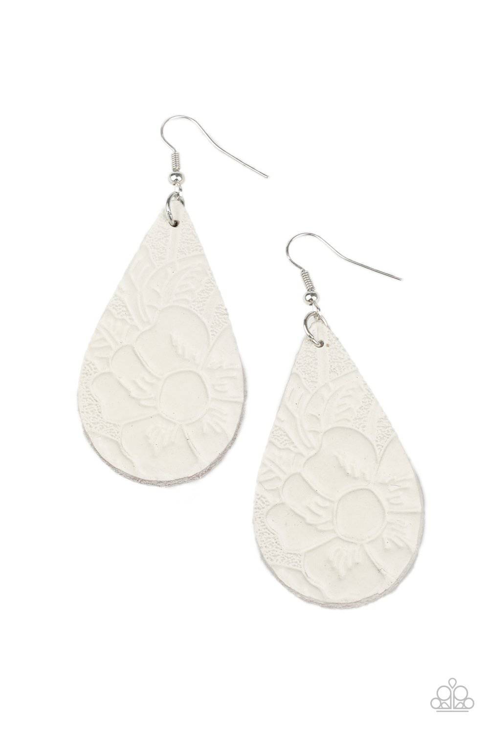 Beach Garden - White Leafy Floral Leather Earrings - Paparazzi Accessories - GlaMarous Titi Jewels