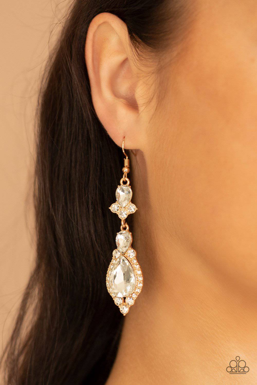 Fully Flauntable - Gold Teardrop Rhinestone Earrings - Paparazzi Accessories - GlaMarous Titi Jewels