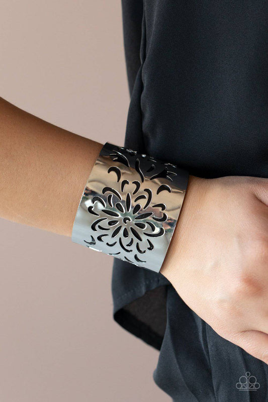 Get Your Bloom On - Black Floral Cuff Bracelet - Paparazzi Accessories - GlaMarous Titi Jewels