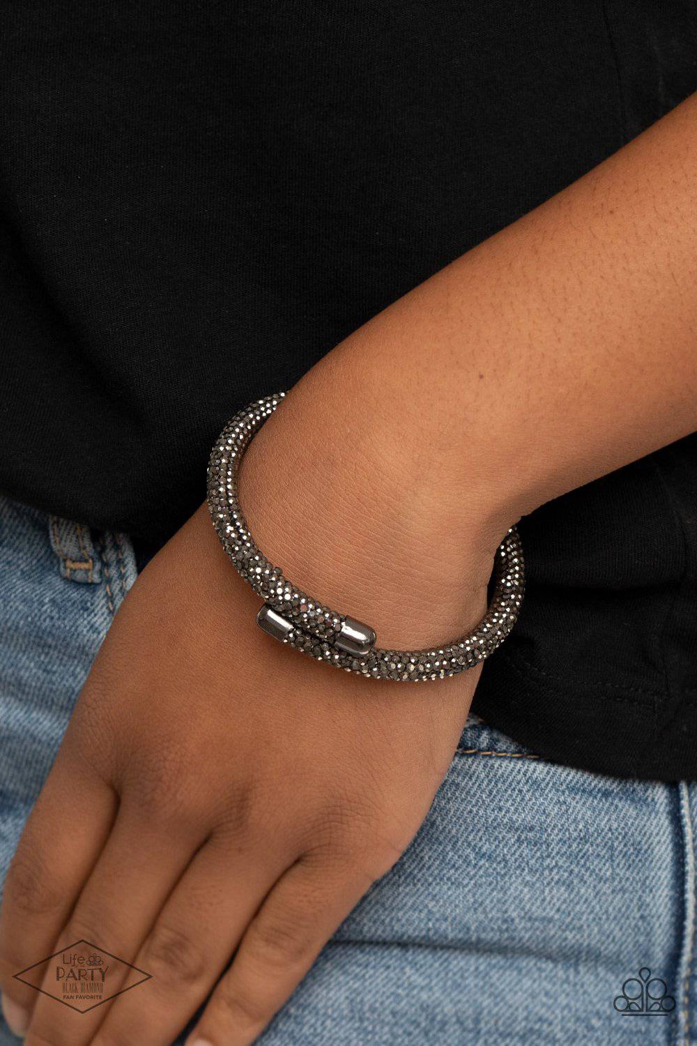 Stageworthy Sparkle - Black Hematite Rhinestone Cuff-Like Bracelet - Paparazzi - GlaMarous Titi Jewels