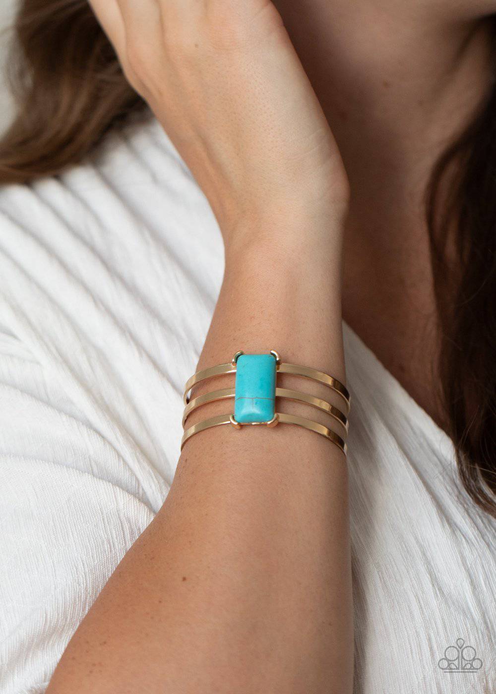 Rural Recreation - Gold and Turquoise Cuff Bracelet - Paparazzi Accessories - GlaMarous Titi Jewels