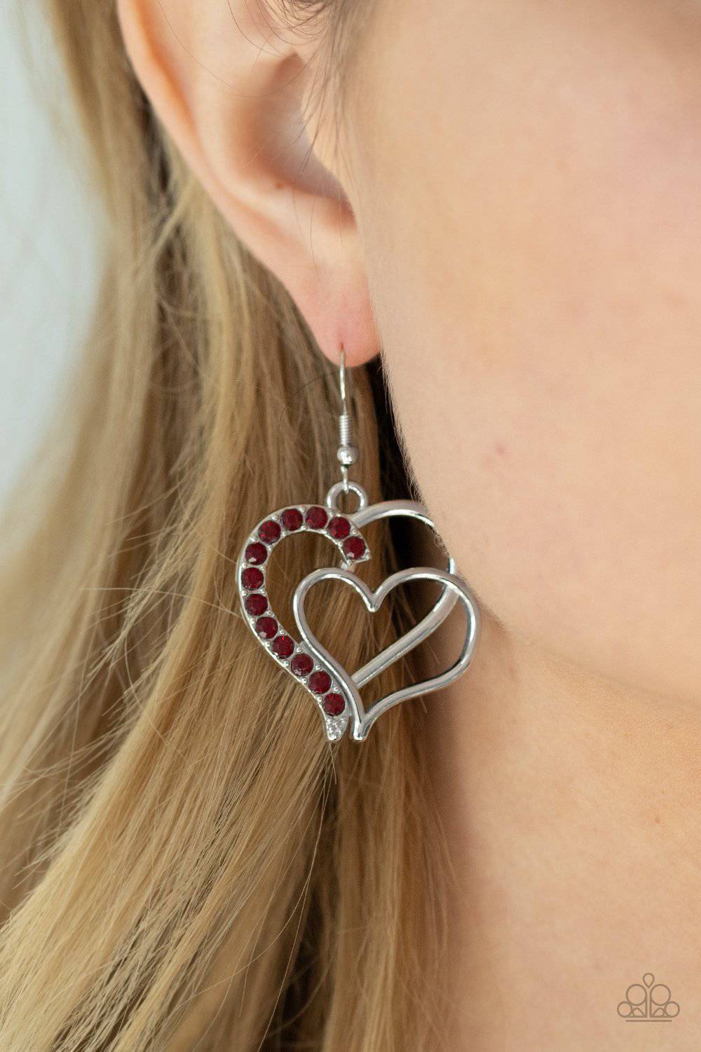 Double The Heartache - Red Rhinestone Heart Earrings - Paparazzi Accessories - GlaMarous Titi Jewels