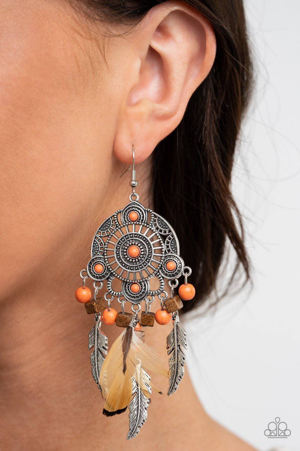 Desert Plains - Orange Stone & Feather Earrings - Paparazzi Accessories - GlaMarous Titi Jewels