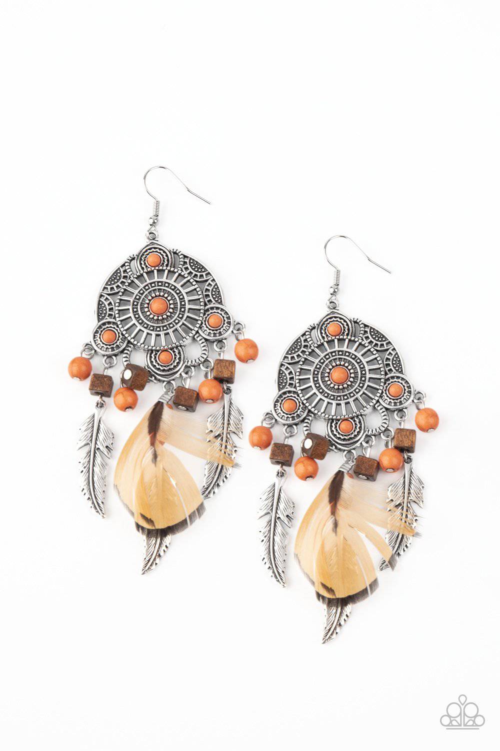 Desert Plains - Orange Stone & Feather Earrings - Paparazzi Accessories - GlaMarous Titi Jewels