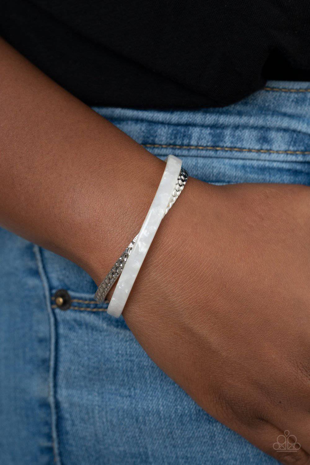 HAUTE On The Trail - White Acrylic Cuff Bracelet - Paparazzi Accessories - GlaMarous Titi Jewels