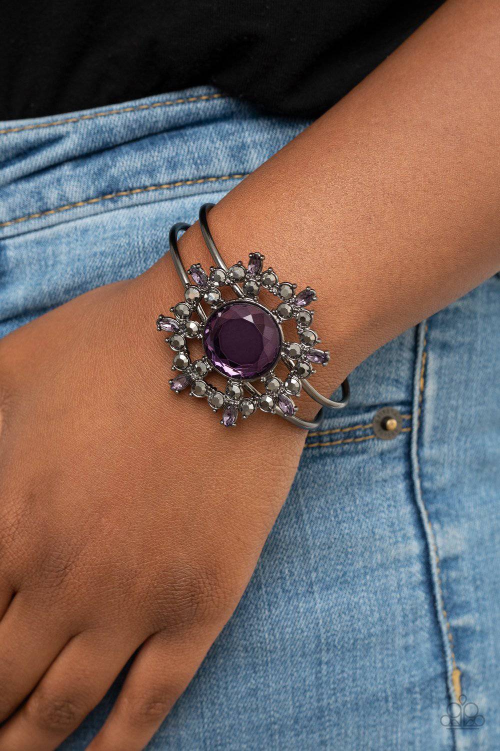 Elaborate Elegance - Purple Rhinestone Cuff Bracelet - Paparazzi Accessories - GlaMarous Titi Jewels
