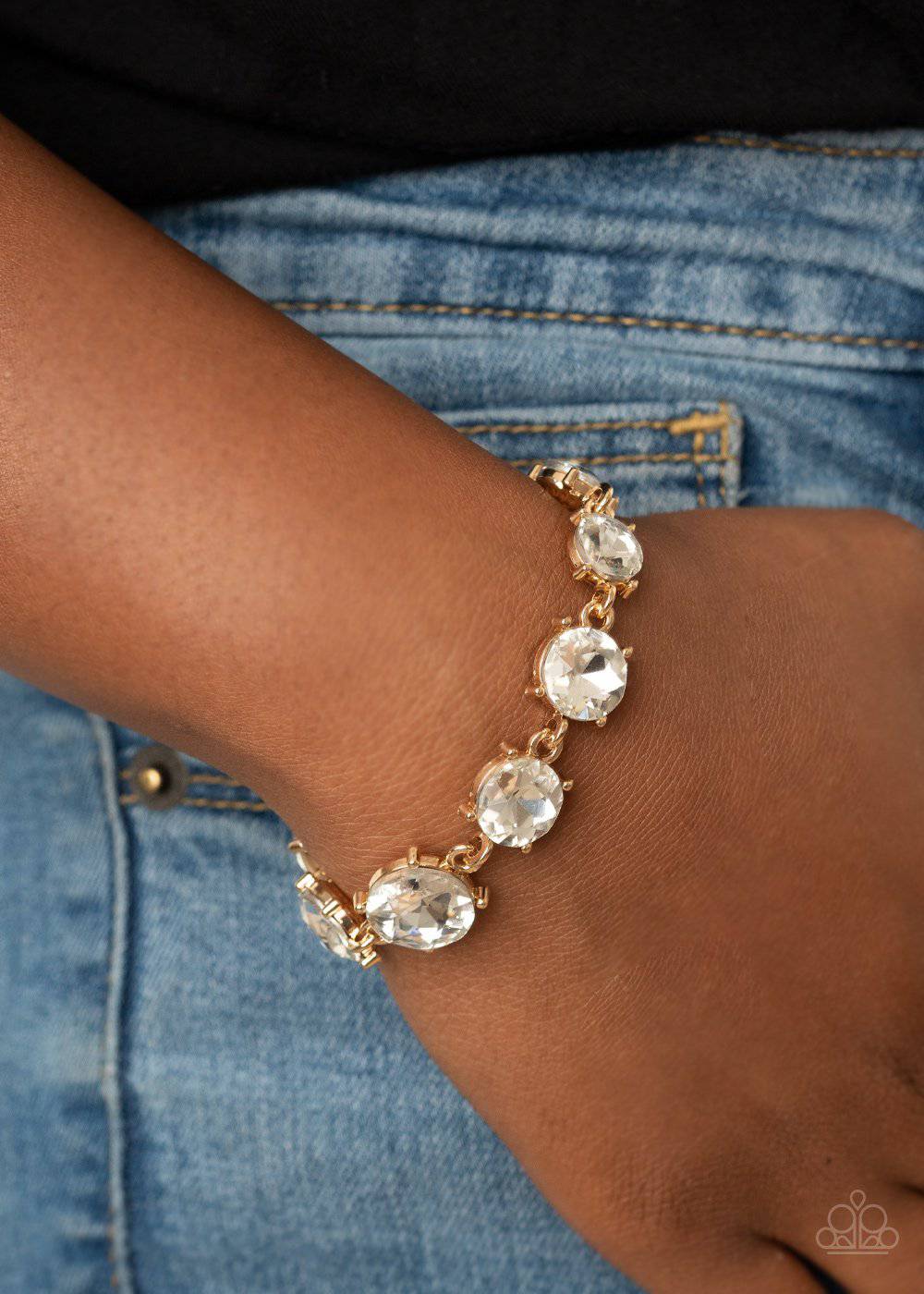 Cant Believe My ICE - Gold Rhinestone Bracelet - Paparazzi Accessories - GlaMarous Titi Jewels