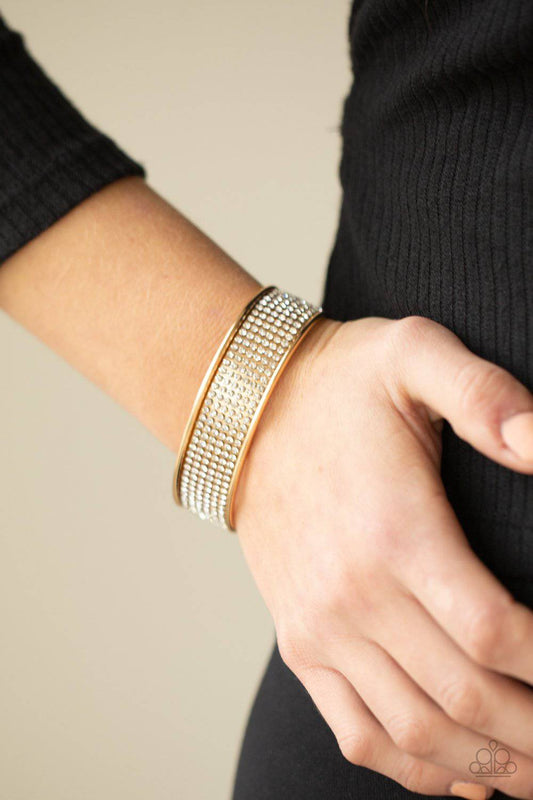 Cant Believe Your ICE - Gold Rhinestone Cuff Bracelet - Paparazzi Accessories - GlaMarous Titi Jewels
