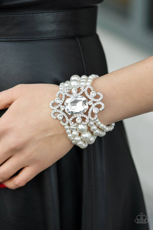 Rule The Room - White Rhinestone and Pearl Bracelet - Paparazzi Accessories - GlaMarous Titi Jewels