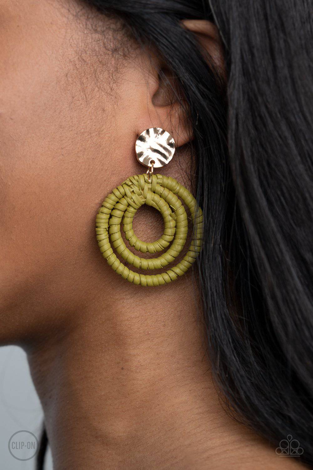 Whimsically Wicker - Green Clip-on Earrings - Paparazzi Accessories - GlaMarous Titi Jewels