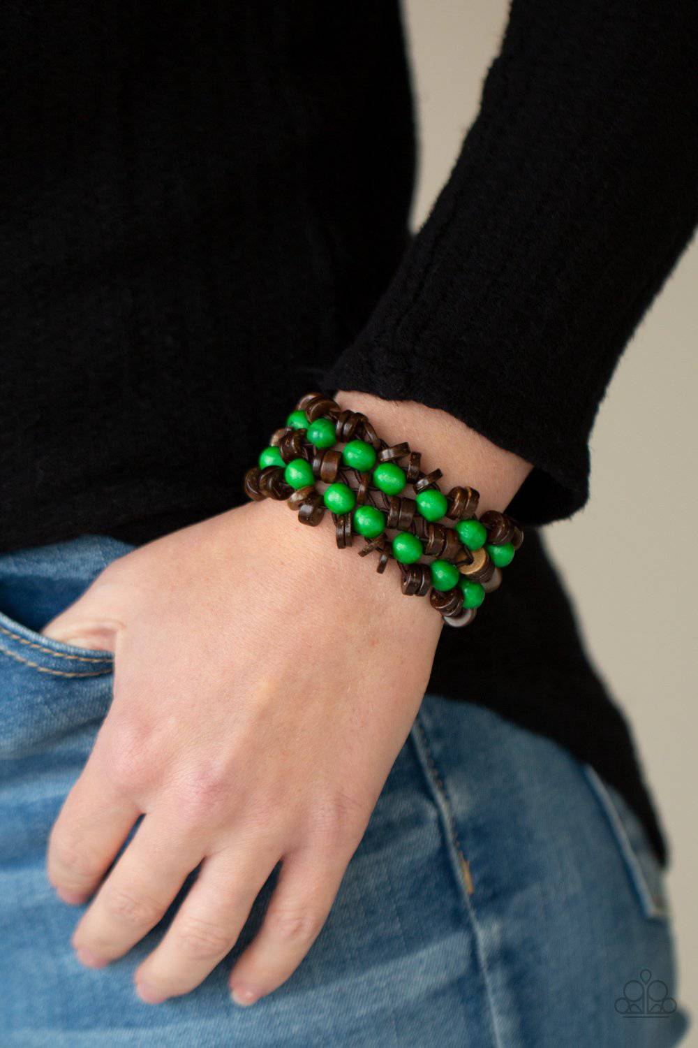 Tahiti Tourist - Green and Brown Wooden Bracelet - Paparazzi Accessories - GlaMarous Titi Jewels
