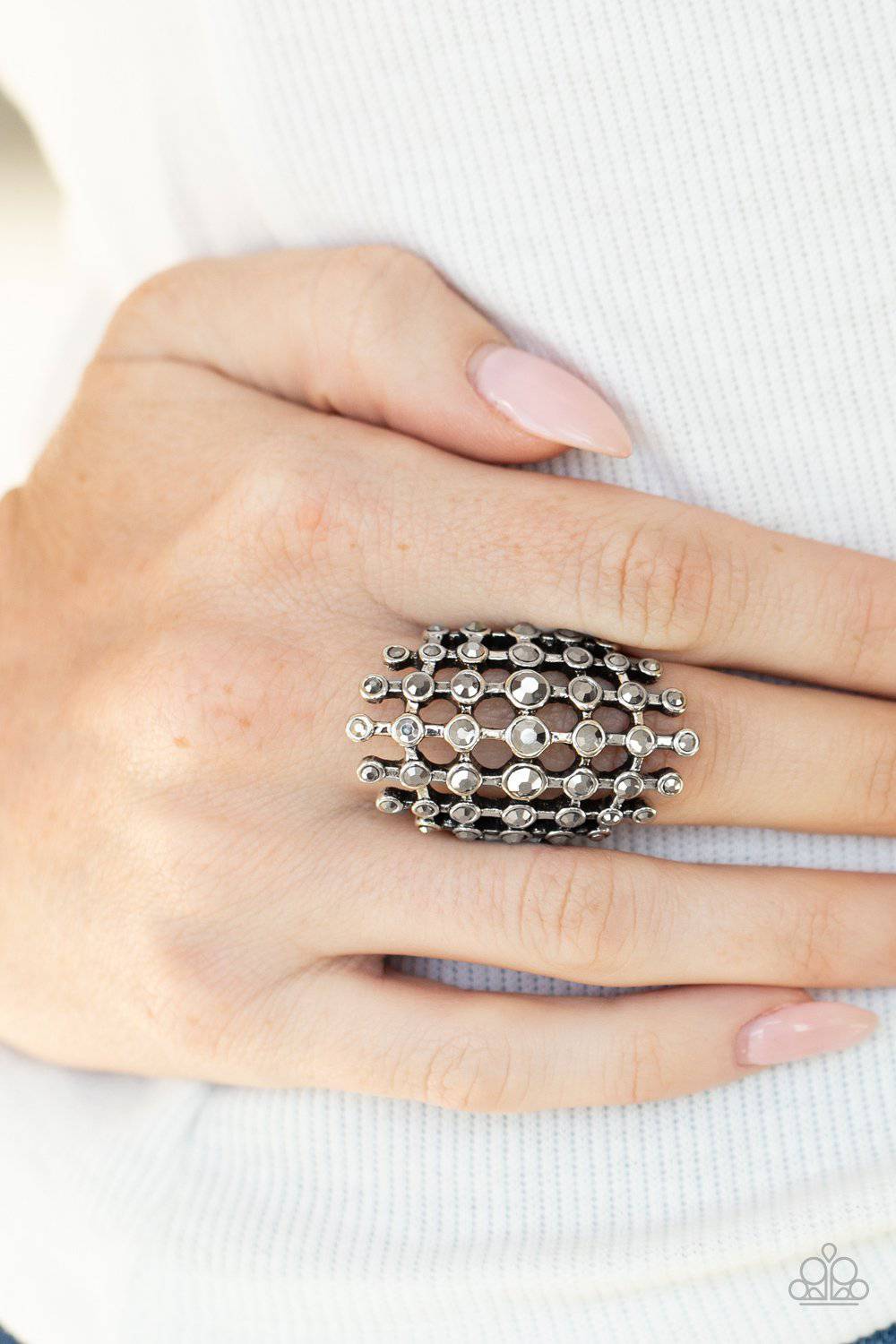 Fiercely Flashy - Silver Hematite Rhinestone Ring - Paparazzi Accessories - GlaMarous Titi Jewels