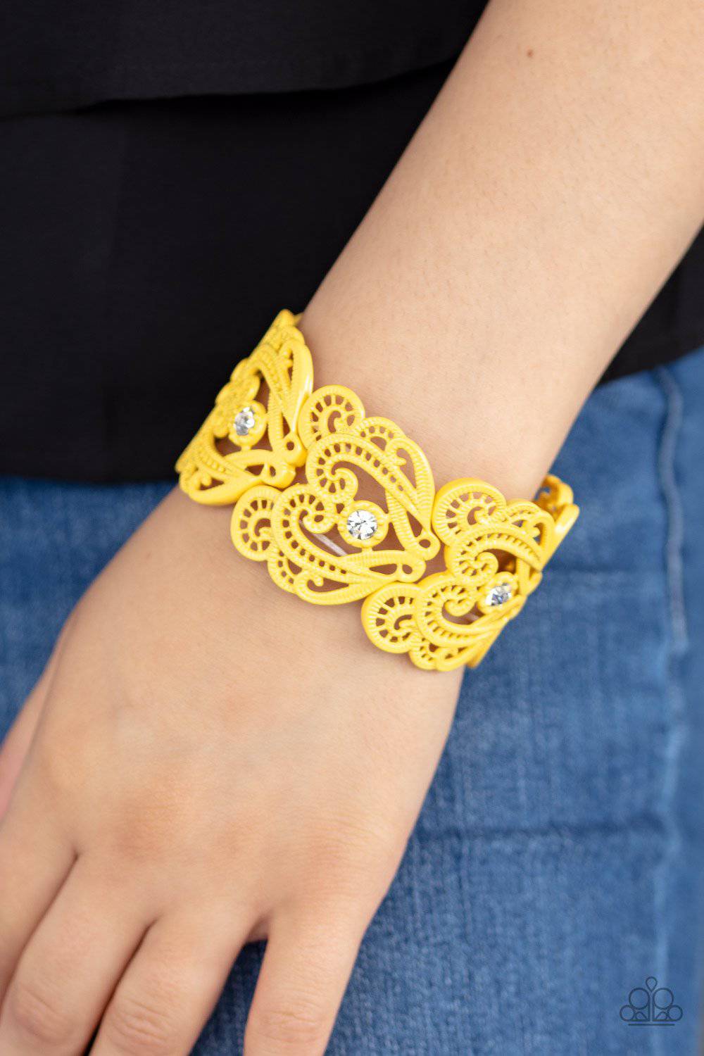 Vintage Romance - Yellow and Rhinestone Bracelet - Paparazzi Accessories - GlaMarous Titi Jewels